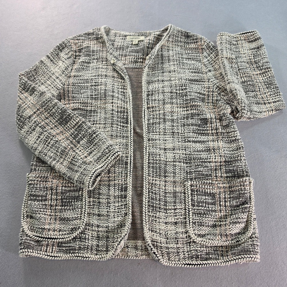 Max Studio Womens Tweed Open Front Cardigan Sweater Black White Small